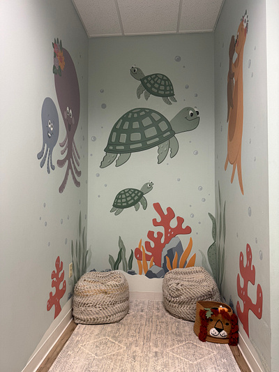 Under the Sea office mural animal familiy baby animals bubbles coral family friendly kids mural mural ocean octopus office art otter quirky characters sea sea creatures seaweed swim swimming tortise traditional art turtle