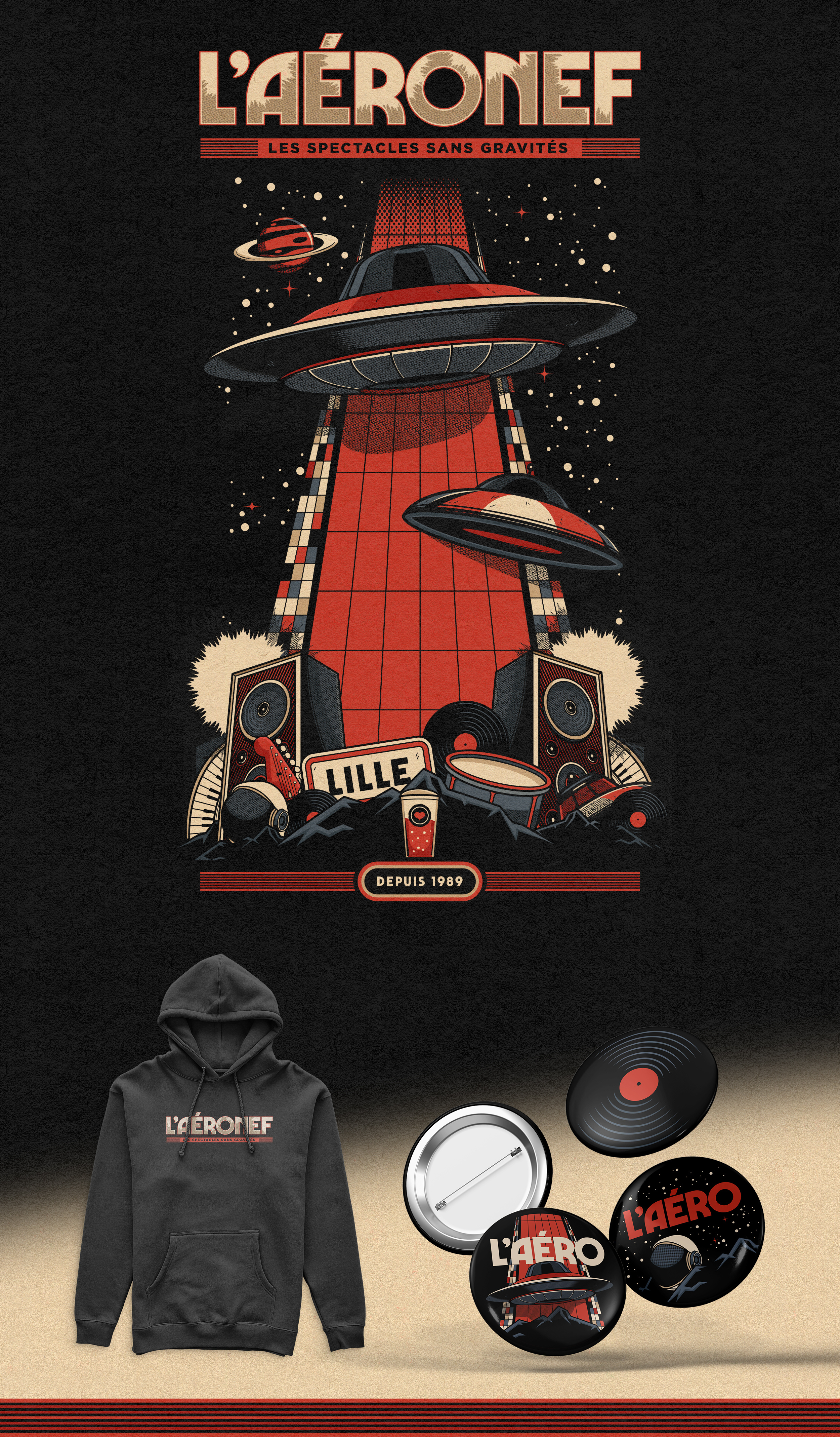L'Aéronef affiche album cover aéronef band concert festival flying saucer gig poster illustration lille live music poster salle de concert sci fi show tee design tee shirt