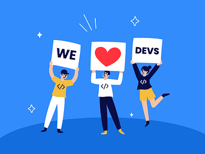 We ❤️Devs cheer cheering coding crowd developer developers development devs drawing dribbble illustration people people illustration programmer programming vector