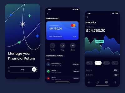 Finance Mobile App assets blue credit card darkmode finance fintech minimalist mobile app modern startup ui design ux design uxui wallet