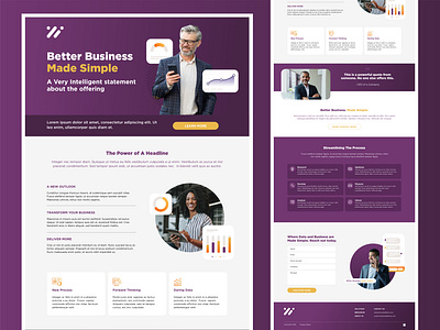 Landing page exploration b2b branding business charts circles data design graphic design grid landing page layout purple typography ui ux web webpage website yellow