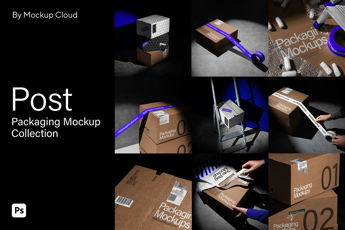 Post Packaging Mockups Kit box mockup branding cardboard box mockup duct tape mockup ladder mockup mockup bundle mockup cloud packaging mockup showcase tote bag mockup wrap