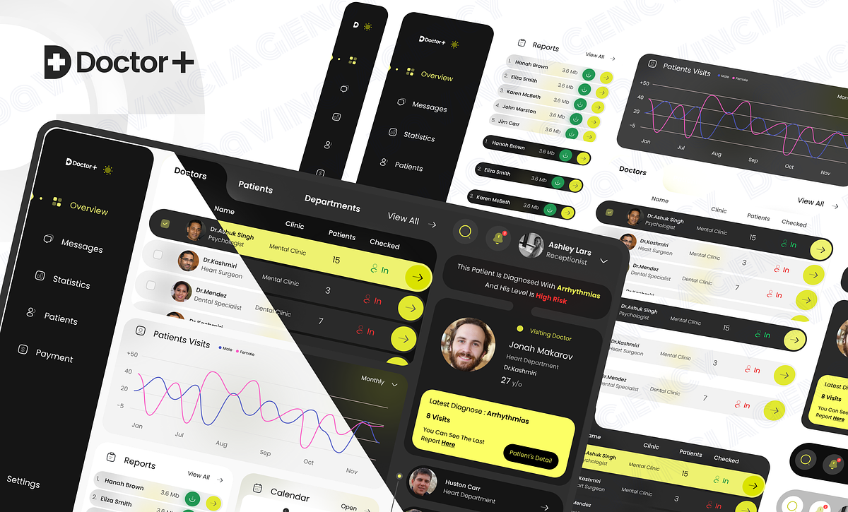 𝗗𝗼𝗰𝘁𝗼𝗿+ 𝗠𝗲𝗱𝗶𝗰𝗮𝗹 𝗗𝗮𝘀𝗵𝗯𝗼𝗮𝗿𝗱 departments doctor doctor plus patients reports statistics ui ui design visits