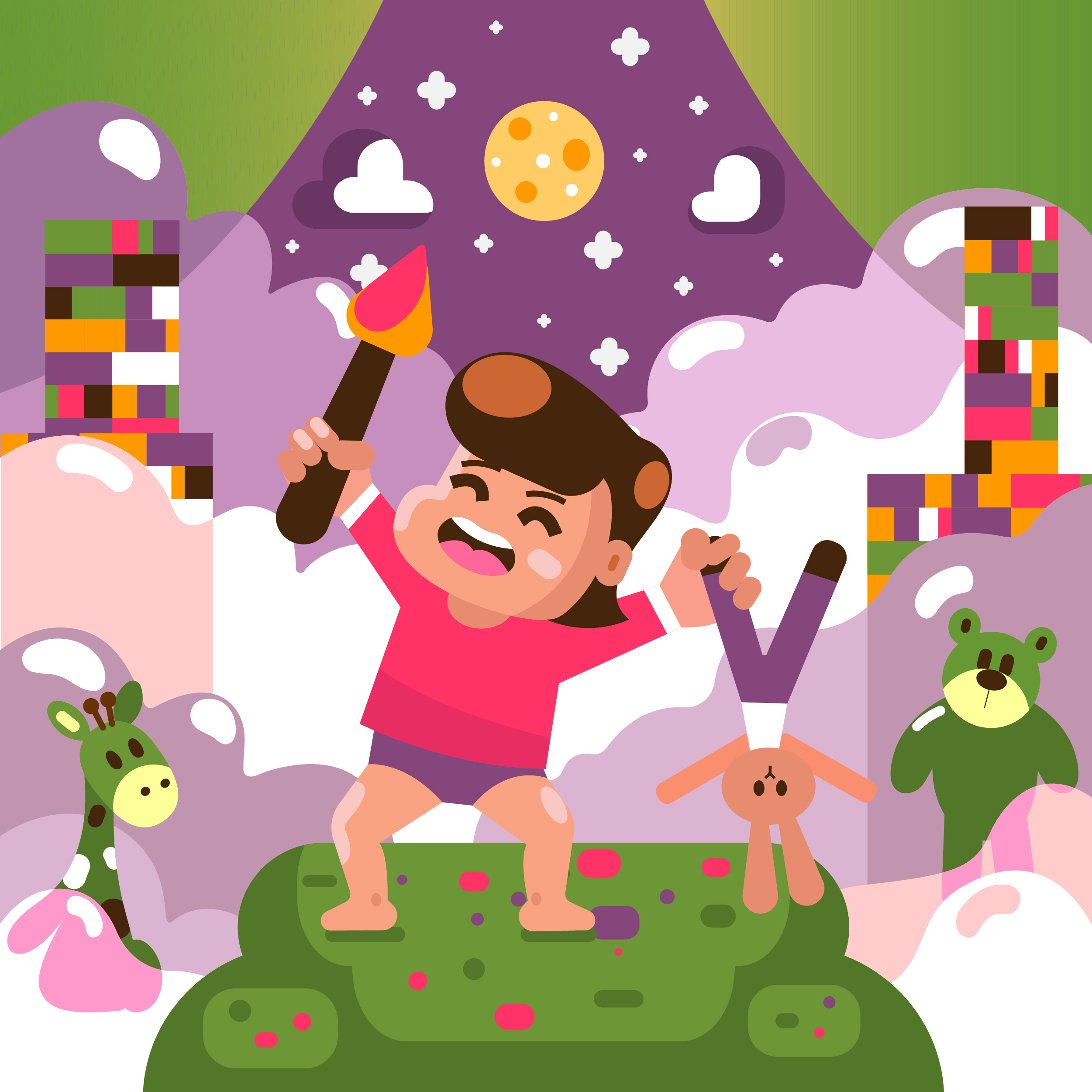 Bedtime bedtime bright colors candy style children illustration colorful illustration crazy energised funny illustration funny kids illustration gone wild hyperactive illustration style kids illustration kids playing nursery play room toddlers toys vibrant illustration video game