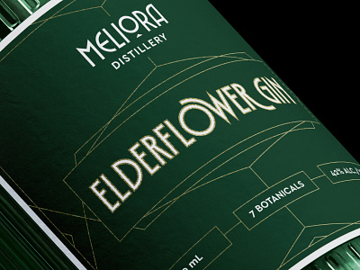 Meliora Gin alcohol art deco bottle branding distillery elderflower gin identity label meliora packaging