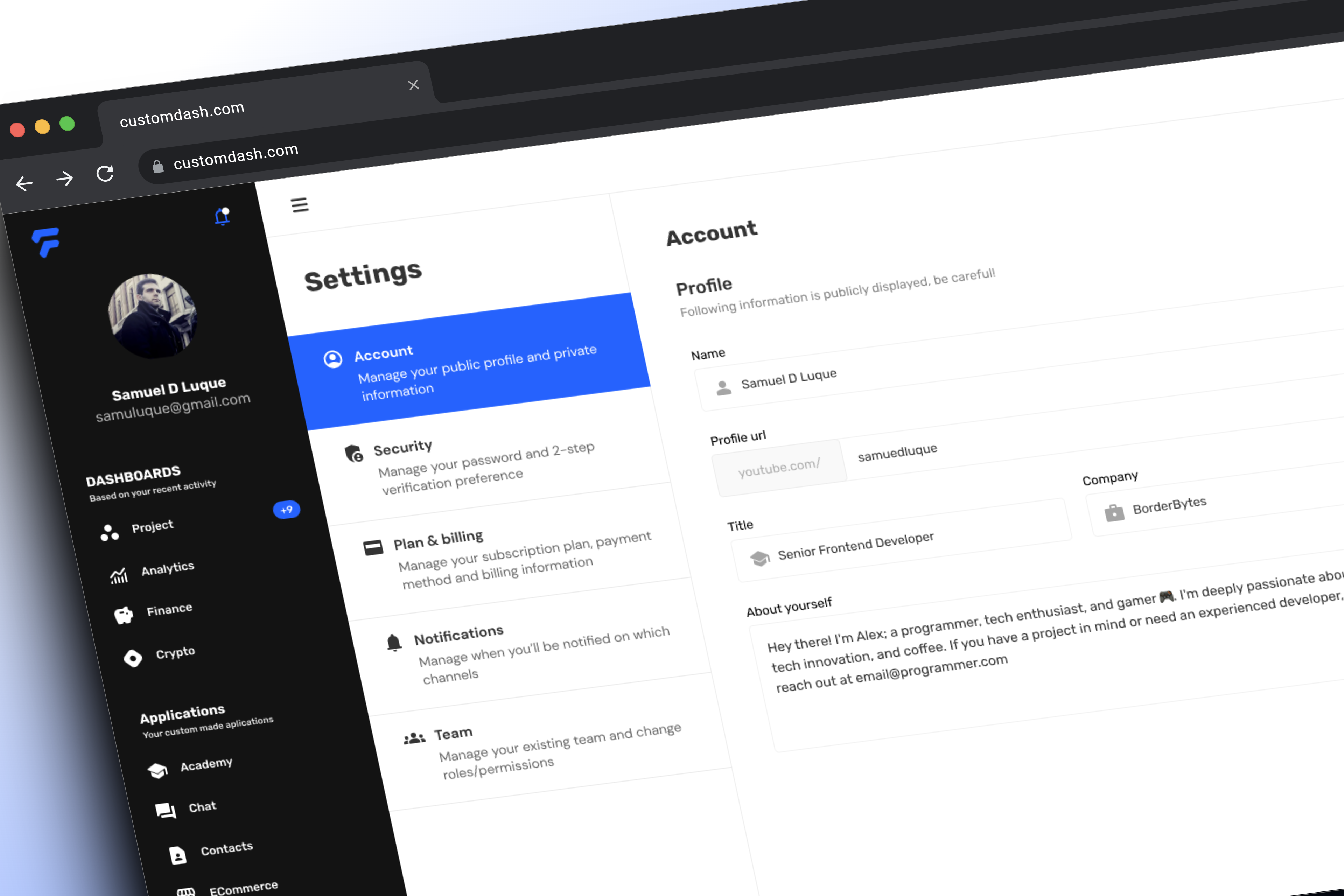 Settings dashboard mockup, black and blue black blue challenge daily dashboard settings ui ux web