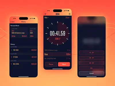DEKA Fitness App action sheet android app cards clock fitness health ios list mobile mobile app mobile design orange strong timer