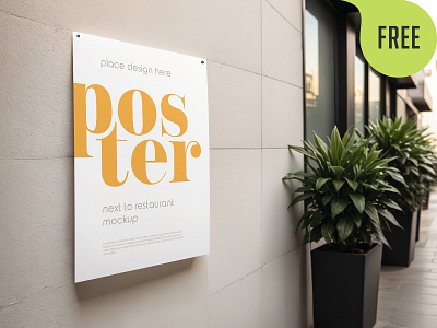 Free Poster Next to Restaurant Mockup. AI Generated advertising afisha cafe city facade free freebie mockup outdoor paper poster restaurant shop store storefront street wall