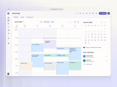 Outreach – Calendar app booking branding calendar calendars color pallete colors crm meetings outreach redesign sales ui user interface