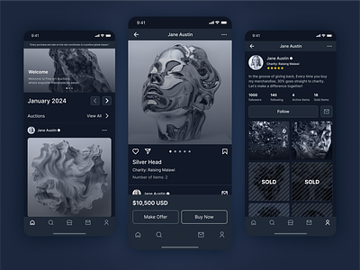 Auction, Social Media Mobile Design auction auction landing page auction website dark blue dark blue website dark social media darkmode darkmode profile discover ui facebook design instagram design navy ui navy website profile profile design social social media social media design social website