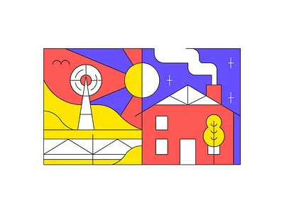 LEFTOVERS #02 The Farm badge barn farm farming fence illustration leftoversessions mountains outback rural stars sun vector windmill windowframe wireframe