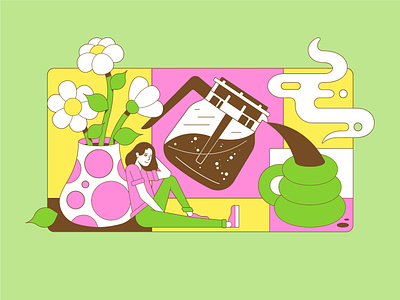 LEFTOVERS #07 The Kitchen Table badge batchbrew ceramic coffee coffeepot cup daisy dripcoffee flower illustration kitchen leftoversessions morning potplant steam table vase vector windowframe wireframe