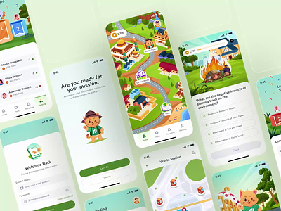 Recyclean: UI/UX design 📱 animation app clean design education environment game gamification green illustration map mobile motion graphics nature orely pollution quest quiz ui waste