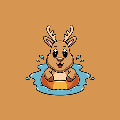Cute deer swimming in the pool cartoon illustration doe