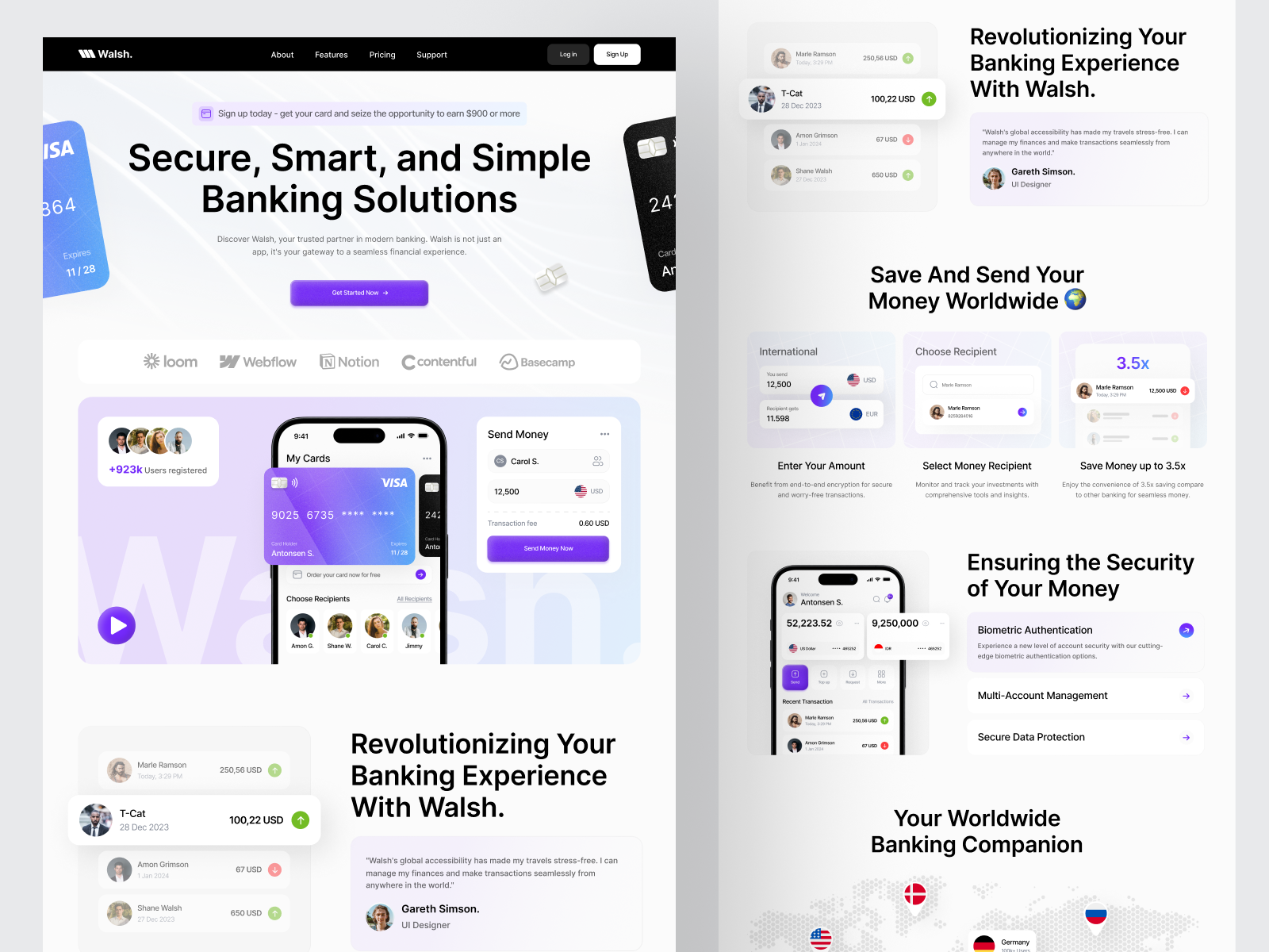 Walsh - Mobile Banking Landing Page app banking banking website card clean design financial fintech ios landing page minimal money saas simple design ui ui design ux wallet web website