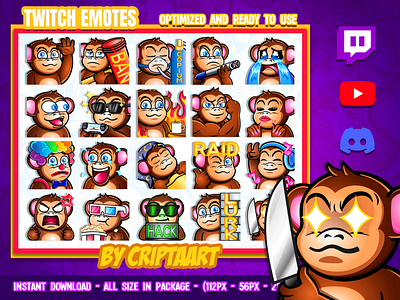 Monkey Twitch Emotes, ape, kawaii emotes bundle for streaming ape custom emotes commission cute monkey emote gorilla emote kawaii emoji monkey monkey emoji monkey emotes monkey twitch monkey twitch badges