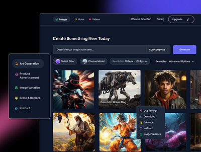 AI-Powered Creative Hub: Art, Music, & Video ai artificial intelligence dark mode design generative ai graphic design product design saas ui ui design uidesign user experience design user interface design uxdesign web app