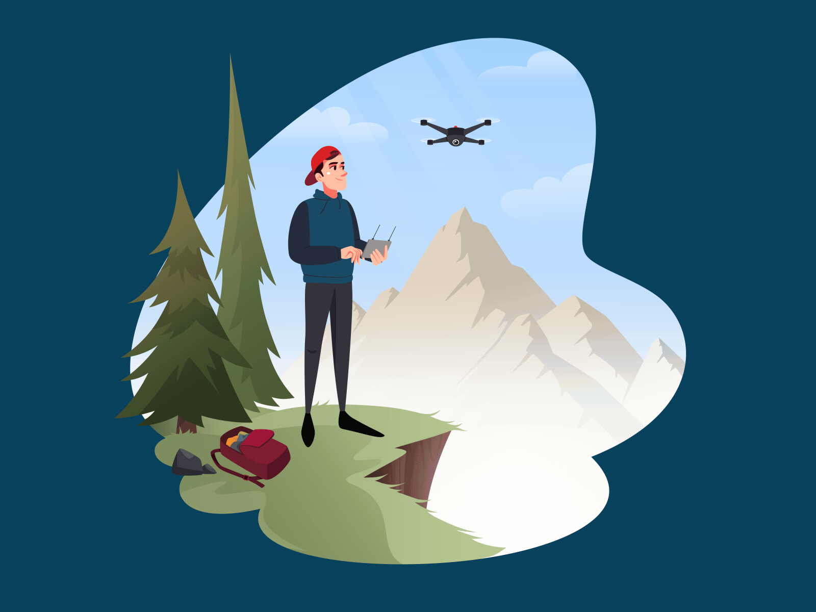 Guy launches a copter in the mountains 2d animation camera control device drone flying game hobby illustration launch man motion graphics outdoors quadcopter remote robot standing technology test