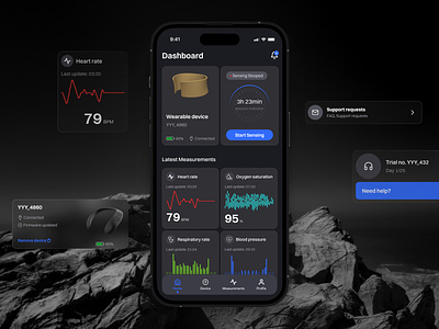 Medical device tracking. Medical Dashboard. Health stats app blood preasure bluetooth bracelet charts dark theme dashboard device connection doctor app health health tracking heart rate measurements medical mobile product design sensing ui ux widgets