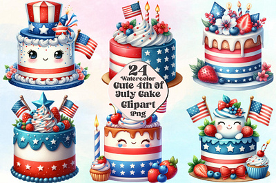 Watercolor Cute 4th Of July Cake Clipart red white and blue