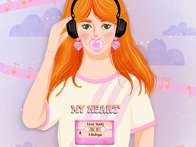 Bubblegum Redhead bubblegum character design design drawing challenge female illustrator hand drawn hand lettering headphones illustration mixtape music pastels portrait procreate redhead retro