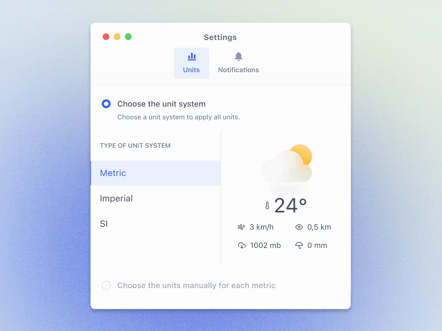 Weather app settings dailyui desktop design evergreen illustration list macos prototype selection settings ux weather