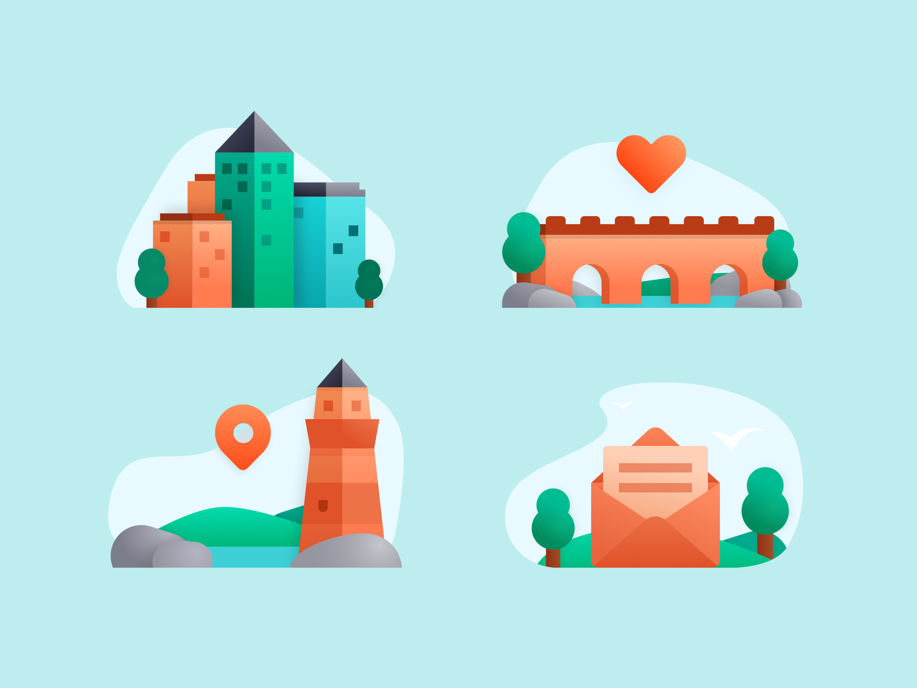 Liv'Story App - Illustrations app audio bridge building city design empty screen favorite house illustrations newsletter street tree visit walk