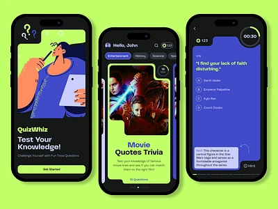 QuizWhiz App app design diveintotrivia entertainmenttrivia excitingtrivia funlearning historyquiz knowledgeispower mobile app quiztime quizwhiz sciencetrivia sportschallenge testyourknowledge triviaadventure ui ux