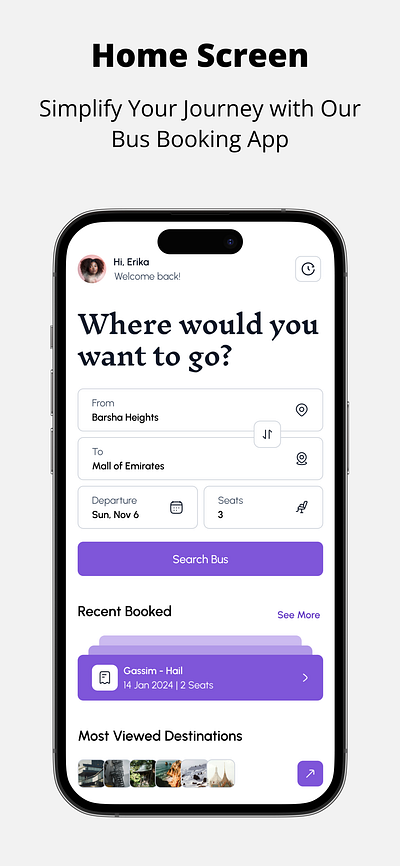 Bus Booking App - Home Screen app booking branding bus bus app design graphic design illustration travel typography ui ux vector