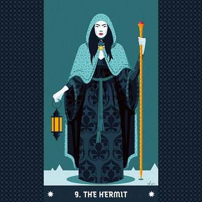 Tarot card #09: The Hermit adobe illustrator blue cards contrast daily art deck design flat design hermit illustration patterns red stylized tarot texture vector vector illustration women yellow