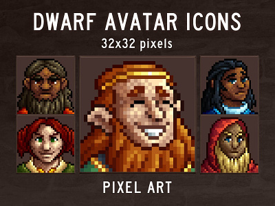 Dwarf Avatars 32×32 Pixel Icon Pack 2d 32x32 art asset avatar dwarf fantasy game game assets gamedev icon icons illustration indie indie game mmorpg pixel pixelart rpg ui