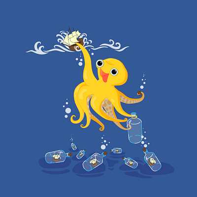 Yellow octopus art cartoon cute digital art digital illustration funny illustration illustration art illustrator ocean octopus sea ship tentacles underwater vector water