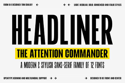 HEADLINER - A Powerful Sans Family advertising advertising font attention attention font banding big font bold font branding font logo font marketing marketing font modern sans tall font title