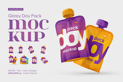 Glossy Doy Pack Mockup Set baby bag catsup doy pack doy pack pouch eat flow pack food jam jell jelly ketchup mayonnaise mockup pack package plastic snack stand up tea bag