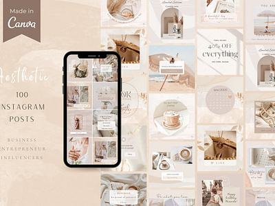 Aesthetic Instagram Template CANVA 100 templates aesthetic feed blogger branding branding kit canva template editable templates ig posts instagram feed instagram influencer instagram post instagram templates minimalist template post template social media