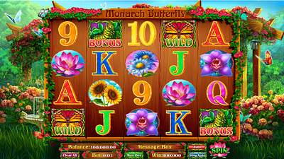 Online slot "Monarch Butterfly" - Development of the Main UI casino design digital art digital artist digital design flower slot gambling gambling art gambling design game art game design game reels graphic design main ui slot design slot designer slot reels spring slot ui ui design