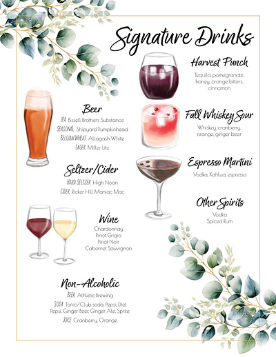 Print Design: Wedding Drink Menu design drink menu graphic design illustration indesign menu procreate wedding