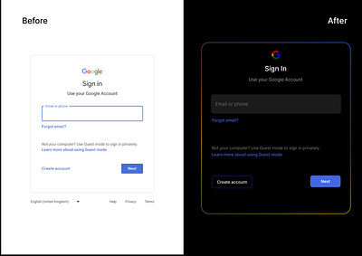 Google Sign-in Page Redesign dark theme sign in page sign up