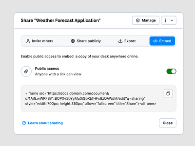 Share Project app clipboard copy design desktop embed figma iframe invite link modal page project public share tab toggle typography url web