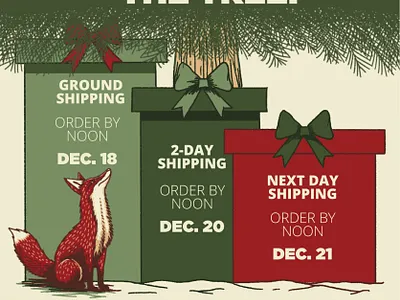 Shipping Deadlines Web Graphic, 2023 animal bow christmas delivery forest fox gift gifts hare holiday holidays illustration present presents ribbon shipping tree trees wild winter