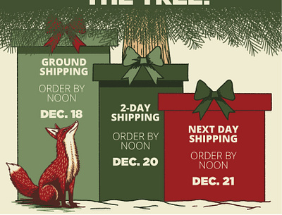 Shipping Deadlines Web Graphic, 2023 animal bow christmas delivery forest fox gift gifts hare holiday holidays illustration present presents ribbon shipping tree trees wild winter