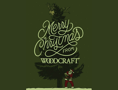 Merry Christmas From Woodcraft, 2023 chainsaw christmas holiday holidays illustration lettering lumber merry reindeer santa script snow tree typography winter wood woodworking