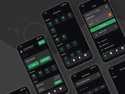 Financial App designs 60 30 10 concept app design banking app card design dark theme figma design figma designer financial app designs green color mobile app online transactin app pixel perfect design sharp design ui ui ux ui ux designer uiux unique app design ux