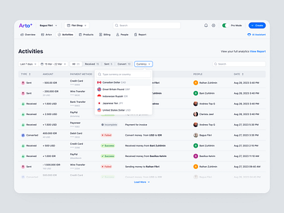 Arto Plus - Currency Filter in SaaS Payment System activities currency dashboard filter finance invoicing management payment payment app pop up product design saas saas design transactions ui ux web design