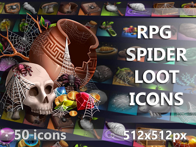 RPG Spider Loot Icons 2d art asset assets fantasy game game assets gamedev illustration indie indie game item loot mmorpg object objects pack rpg set