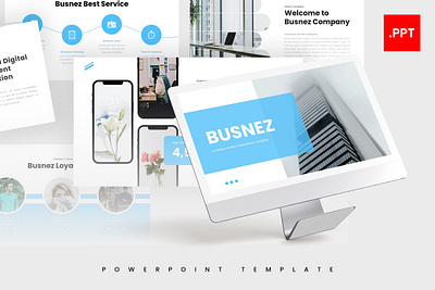 Busnez PowerPoint Template blue business busnez company profile corporate gsl key modern ppt pptx presentation template ui website white