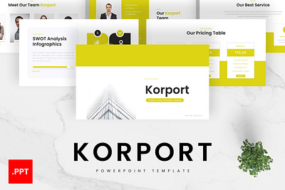 Korport PowerPoint Template business company profile corporate gsl key korport modern ppt pptx presentation template ui website white yellow