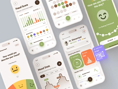 Freud UI Kit: AI Mental Health App 🧠 | Smart Mindfulness UIUX artificial intelligence emotion flat green health app health journal health score health ui healthcare illustration meditation mental health mental health app mindfunless minimal mood app mood tracker therapy app ui ui kit