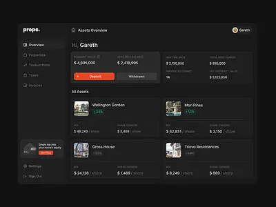 props – SaaS property dashboard balance clean dark mode dashboard deposit design home house interaction listing modern money npw payment property real estate rent saas saas dashboard value