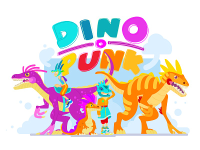 DINO PUNK 2d adobe illustrator clouds cyberpunk design dinosaurs illustration punk vector velociraptor vivid colors xhyle